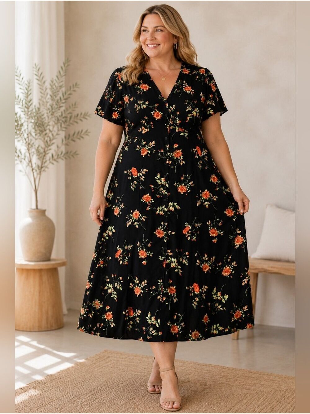 RIHOAS XL Black Floral Midi Dress Button Front Cottagecore Romantic Tea Dress